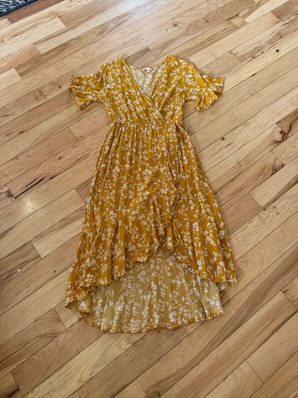 Kori America Mustard Yellow Floral High-Low Wrap Midi Dress